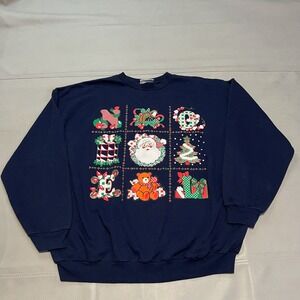 VTG 90 Navy Ugly Christmas Xmas Office Sweater Women XL Santa Bear Gift-4117